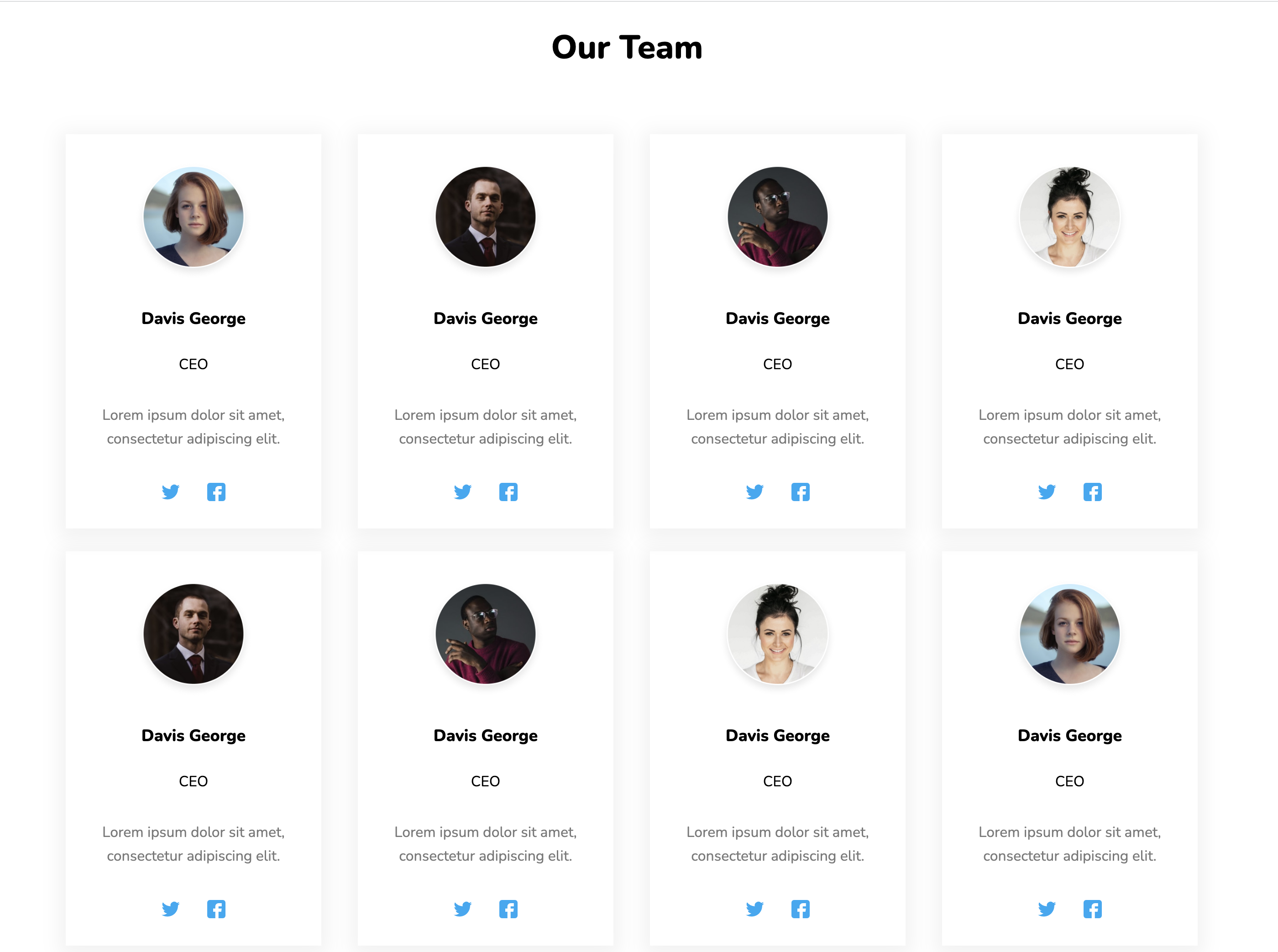 Team section for website: Responsive team page desktop example